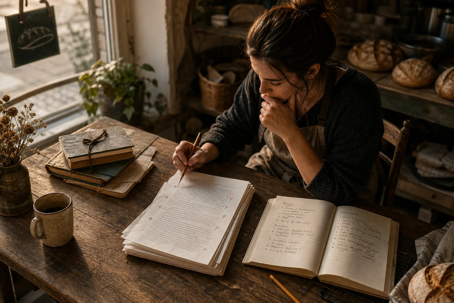 Woman sitting at wooden table reviewing and marking a large stack of papers in warm natural light