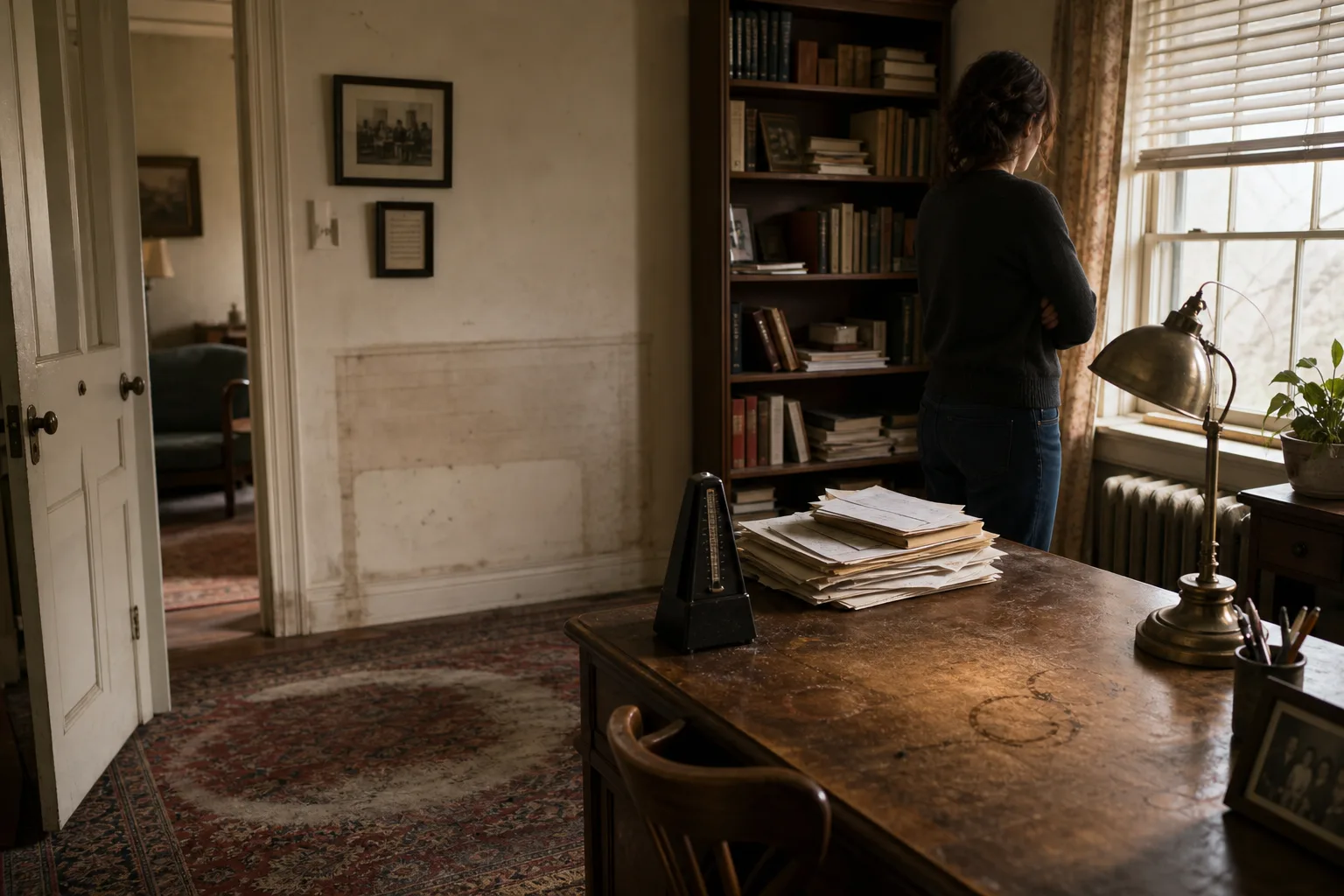 Woman standing with arms crossed looking out a window in a dimly lit room with a wooden desk, papers, and bookshelves