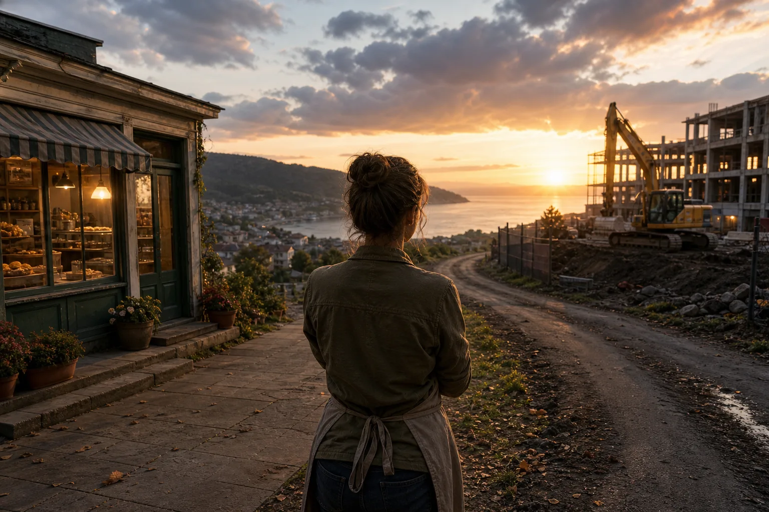 Woman in apron looking at sunset over construction site and town near water under cloudy sky