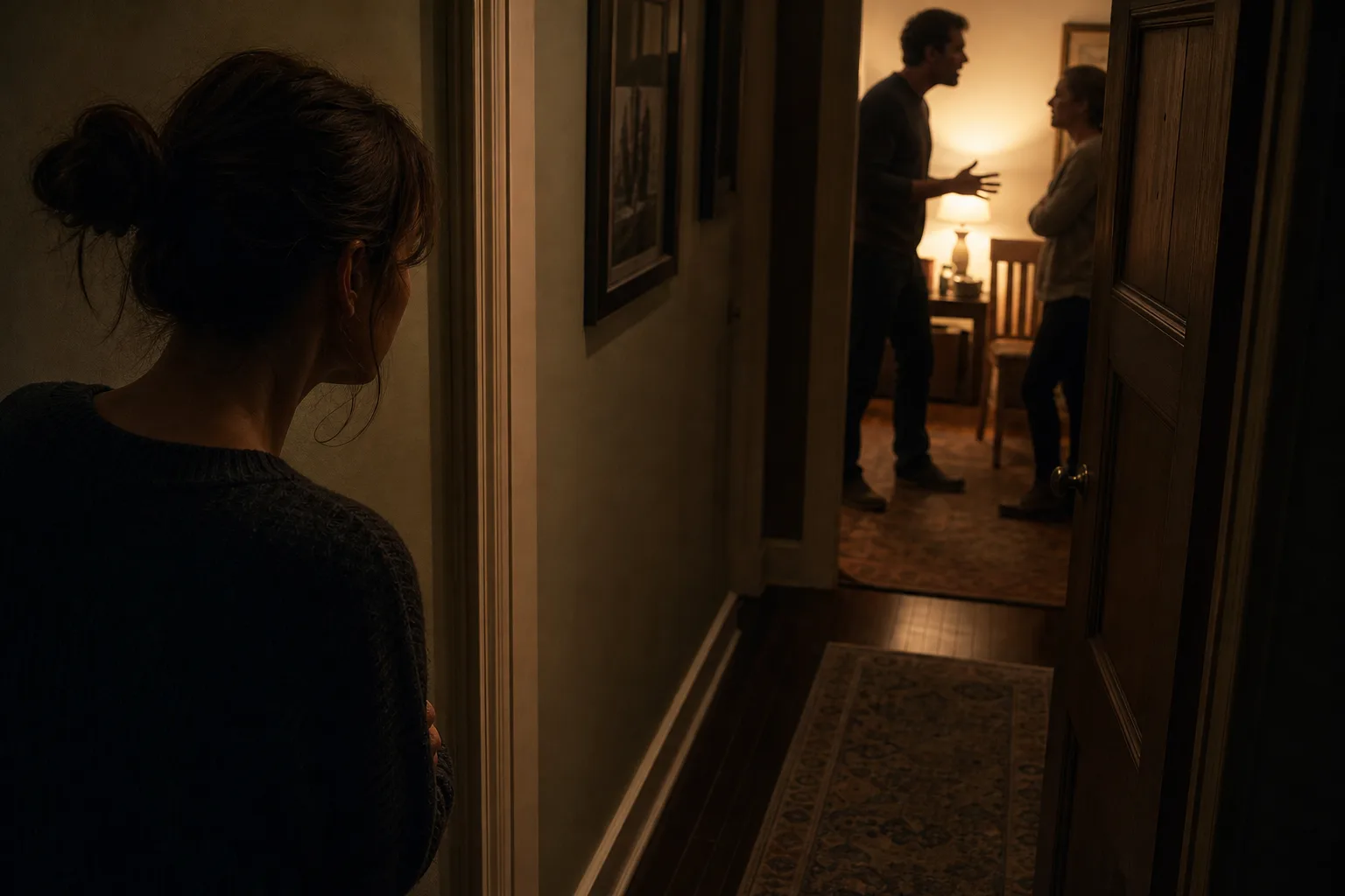 Woman watching quietly from hallway as man and woman argue in dimly lit room