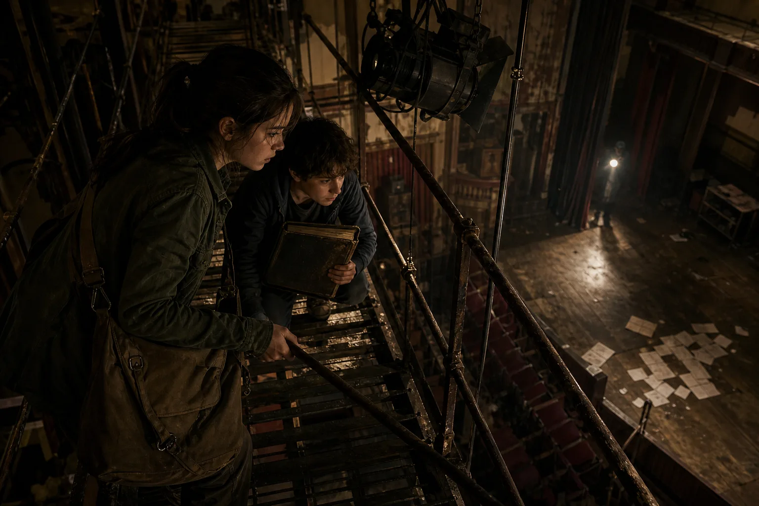Two people crouching on a metal balcony above a stage scattered with papers, dimly lit with brown tones